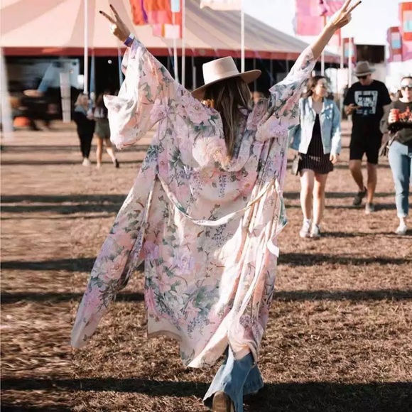 Pink Floral Lily Printed Boho Kimono Duster Robe - Picture 4 of 10